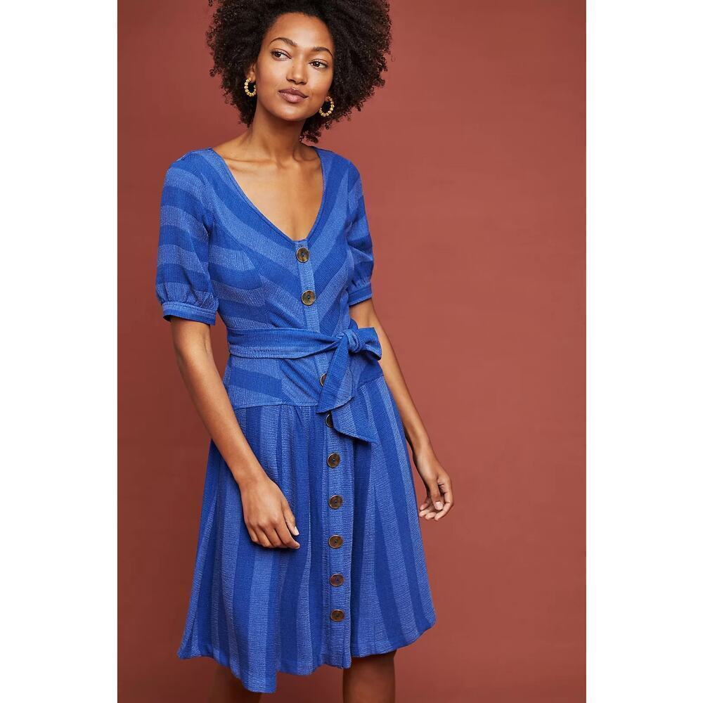 Maeve‎ Anthropologie Blue Striped Button Front Midi Dress Petite 10P NEW $168